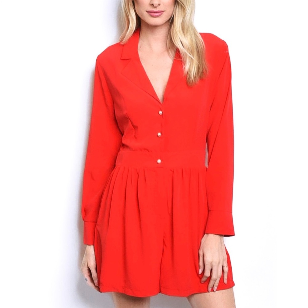 RED ORANGE LONG SLEEVE ROMPER W/ PEARL BUTTON